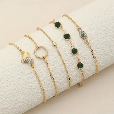 Elegant Green Crystal Eye Bracelet Set (5 Pcs)